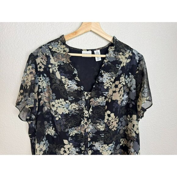 Women's Short Sleeve Black Floral Blouse Size 20W Sheer Sleeves Feminine Office - Picture 8 of 11